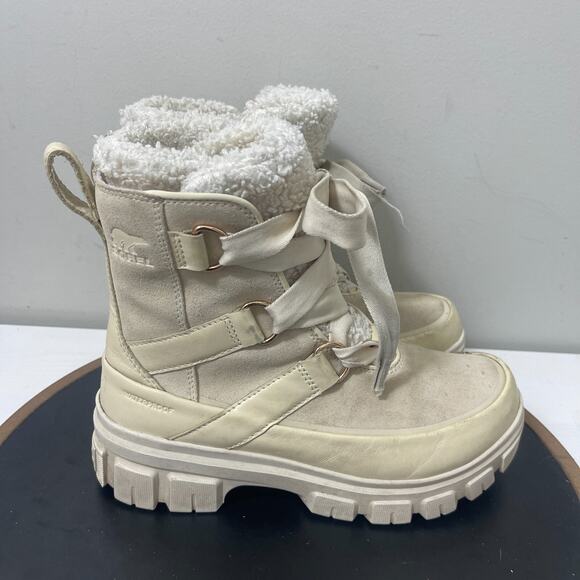 Sorel‎ Boots Women 7 Faux Fur Lined Waterproof Winter Lace Up Cream Winter - Picture 1 of 11